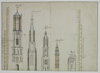 206257 Afbeelding in opstand van de hoogste toren van vijf Utrechtse steden, met aanduiding van de hoogte. Van links ...